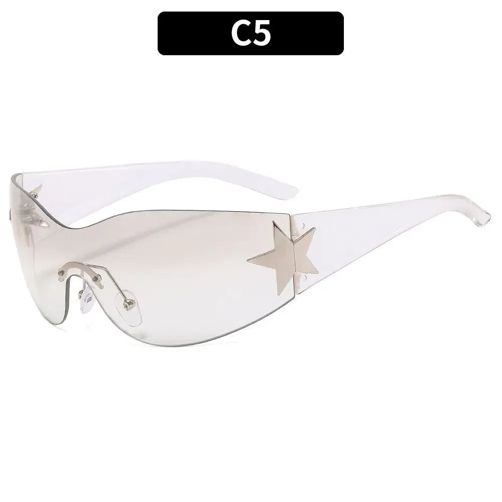 New Y2K Rimless Punk Sunglasses Goggle Women Men Luxury Brand Wrap Around Sun Glasses Five Star Eyewear Sports One Piece Shades