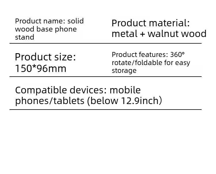 Black Walnut Wood Base Phone Holder Metal Stand 720° Rotating Foldable Desktop Stand Easy Storage for Mobile Phone Tablet Holder