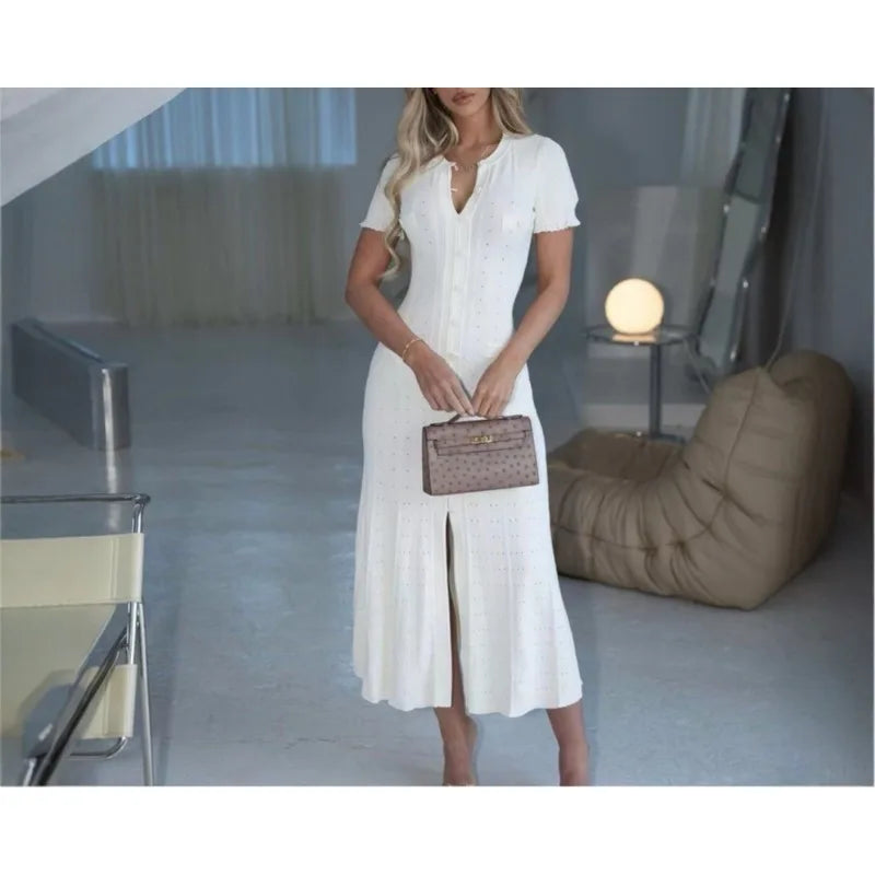 Summer Solid Round Neck Short Sleeved Office Lady Knitted Dress Women Korean Single Breasted Hollow Out Long Dress Fashion Trend Secondary image