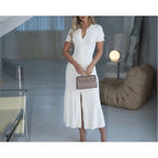 Summer Solid Round Neck Short Sleeved Office Lady Knitted Dress Women Korean Single Breasted Hollow Out Long Dress Fashion Trend