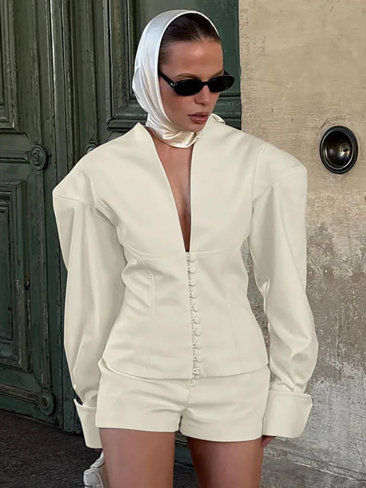 FANTOYE Sexy Deep V-Neck Long Sleeve Shoulder Pads Women 2 Piece Sets Beige Single Breasted Tops Short Pants Winter Lady Outfits