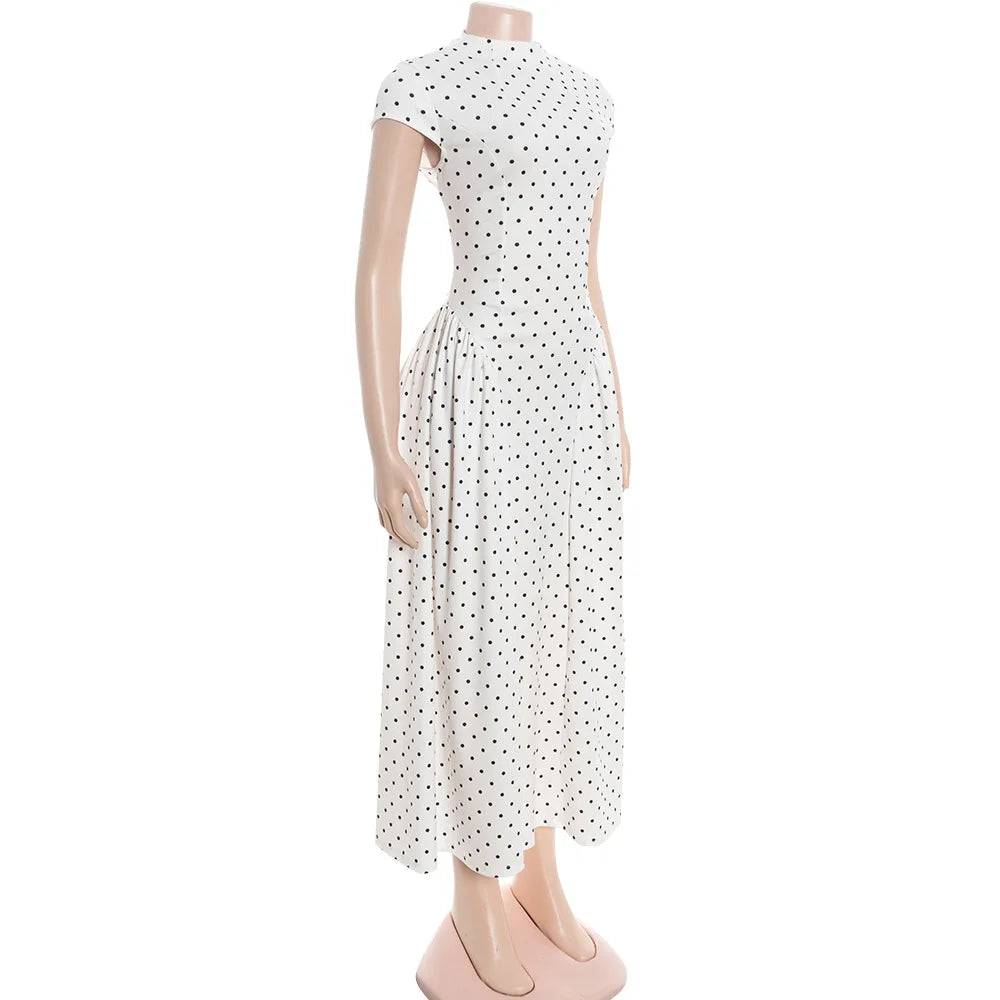 Talenza White Polka Dot Long Dress Summer Sexy High-Waisted Vintage Print Sleeveless Dress Casual Party Vacation New Women Dress