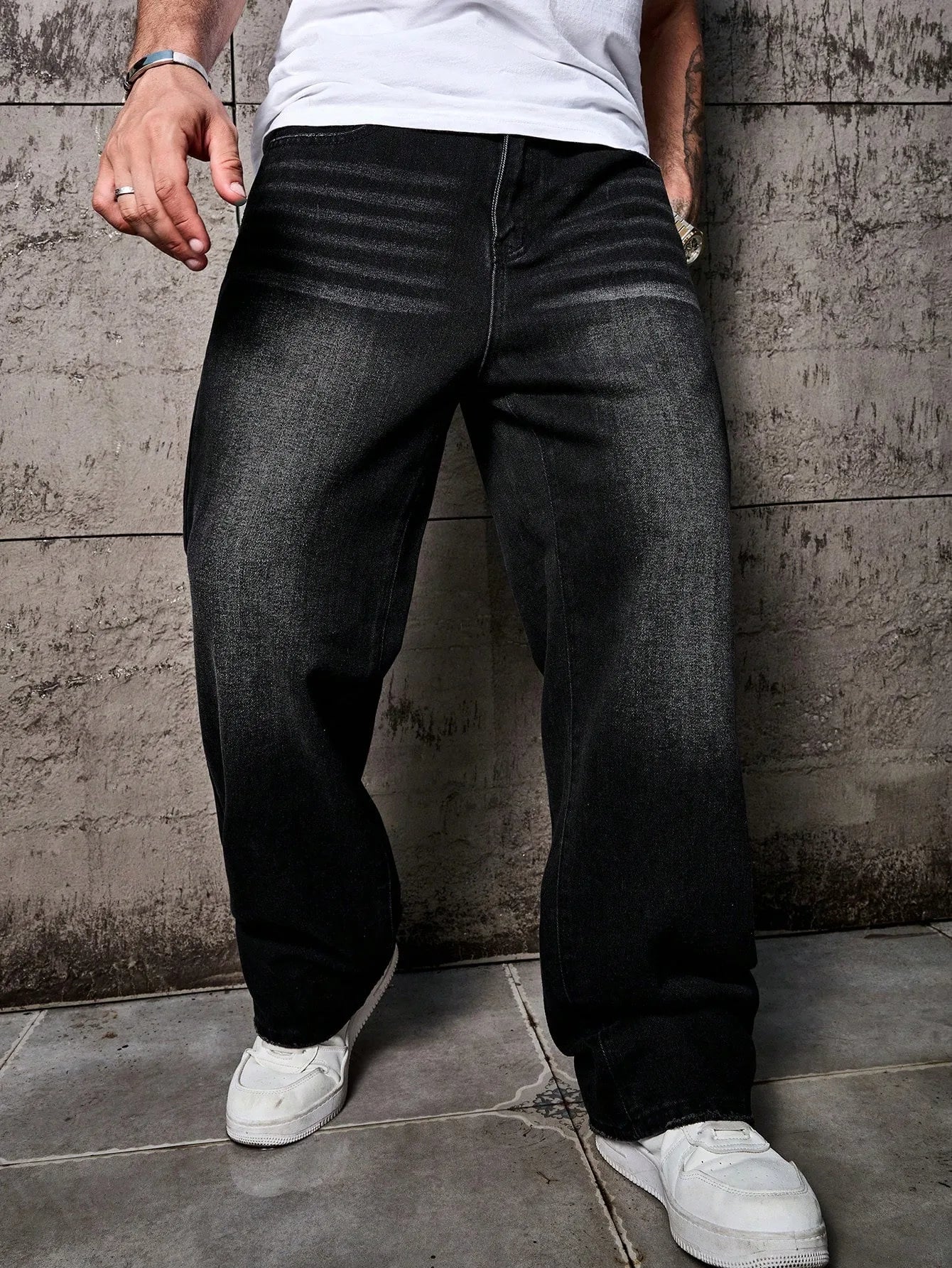 1pc Vintage Style Men's Black Washed Distressed Loose Wide Leg Relaxed Straight Jeans, Perfect Gift for Husband, Boyfriend Main image
