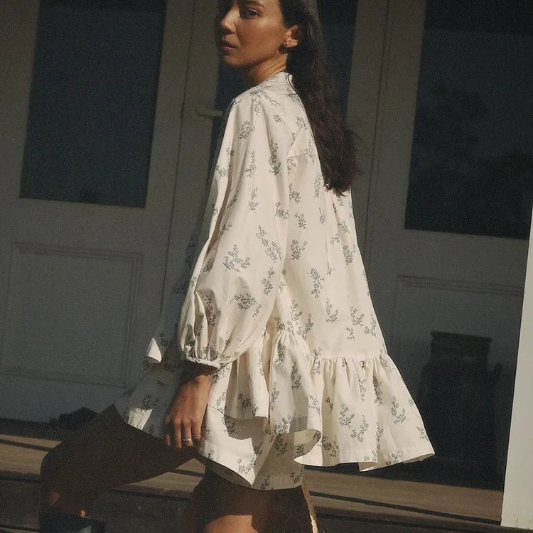 Casual Beige Print Women's Two Pieces Set Fashion Stand Collar Wrist Sleeve Ruffled Shirts And High Waisted Shorts Suit Woman