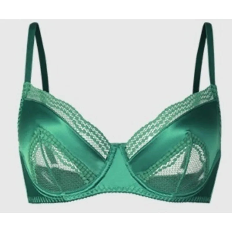 Sexy French Satin Lace Lingerie Set for Large Bust Ladies, Sheer Slim Chest, Summer Ultra-thin Small-cup Support Bra Set, S-XL