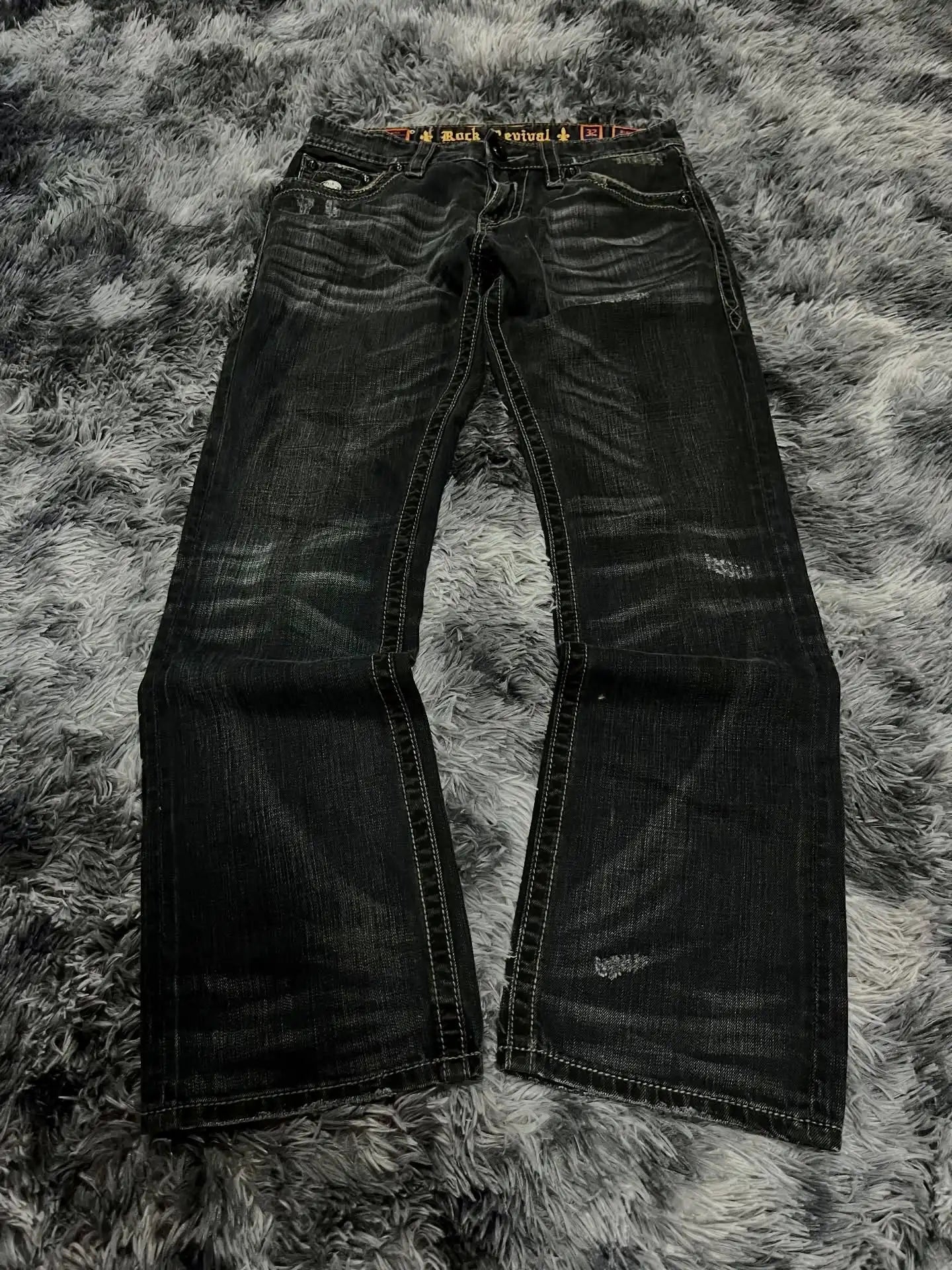Y2K Black Washed Embroidered High-waisted Oversized Jeans Men European and American Retro Classic Loose Wide-leg Straight Pants