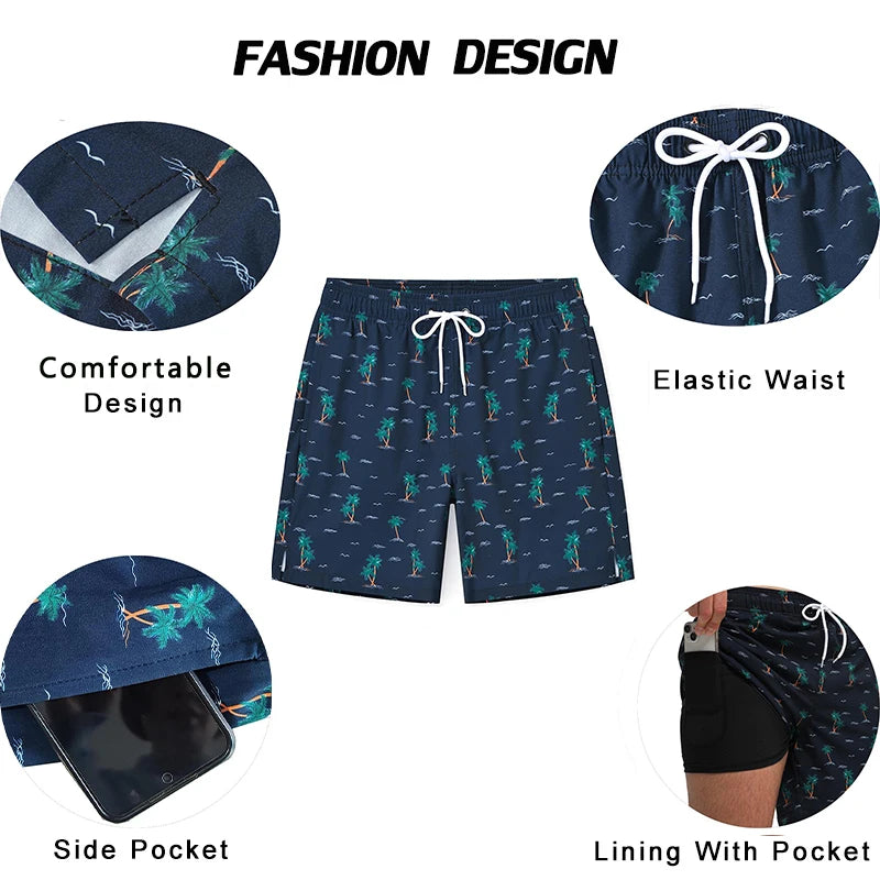 ESCATCH 2026 New Arrival Mens Swimming Trunks Compression Liner 2 in 1 Printing Quick-Dry Gym Sports Mens Shorts Zipper Pockets