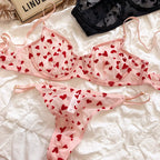 New Lingerie Thongs Set Sexy Ultra Thin Transparent Bra Women Underwire Push Up Bra Set Summer Romantic Peach Heart Underwear