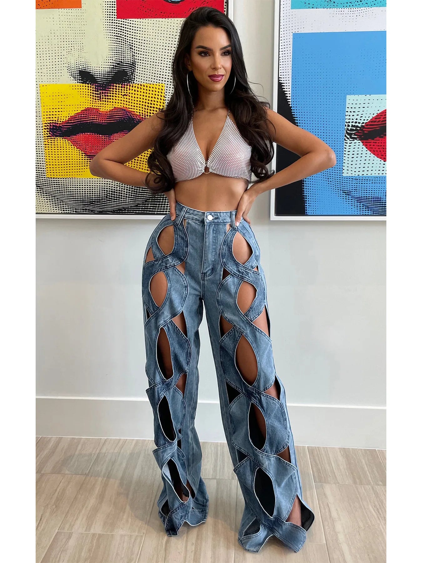 CM.YAYA Women Vintage Cutout Hollow Out Criss Cross Straight Denim Pants 2024 Fashion INS High Waist Wide Leg Jeans Trousers