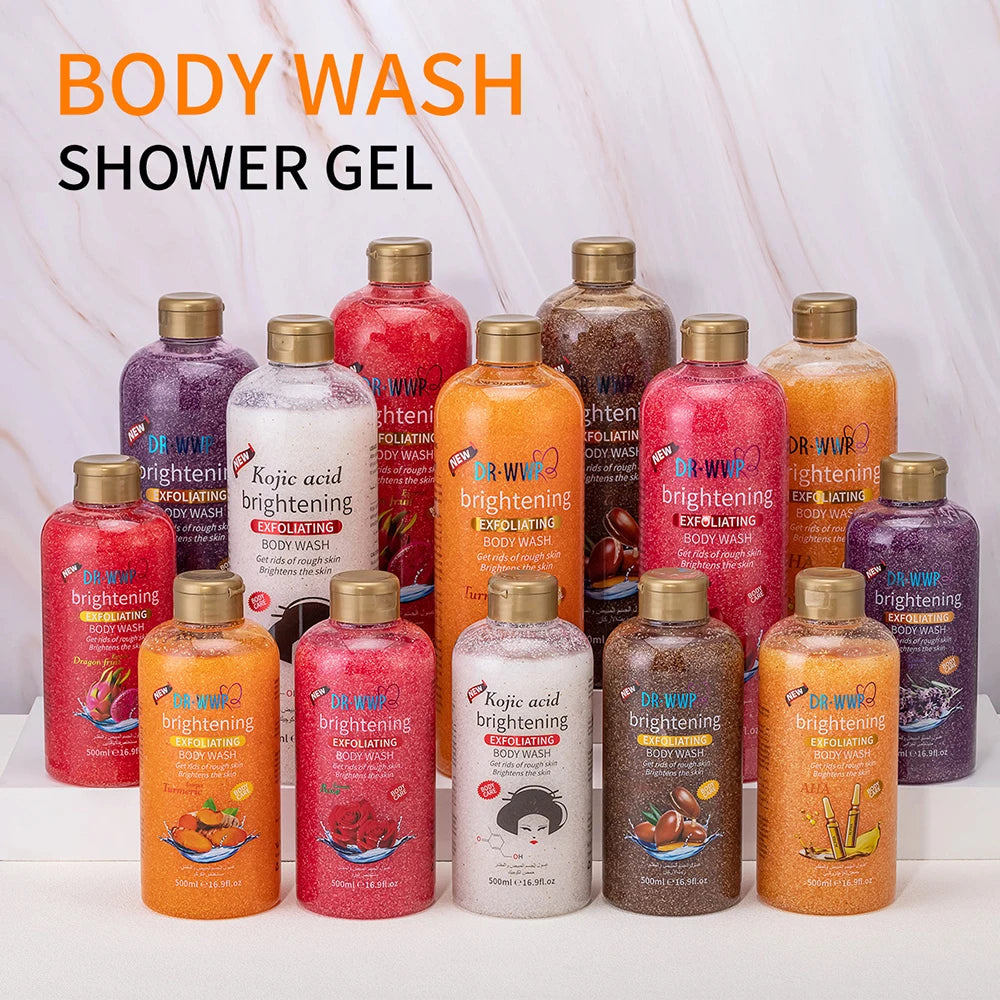 500ml Rose Kojic Acid Lavender Shower Gel Deep Cleansing Brighten Skin Scrub Body Wash Exfoliator Body Care Fragrance Skincare