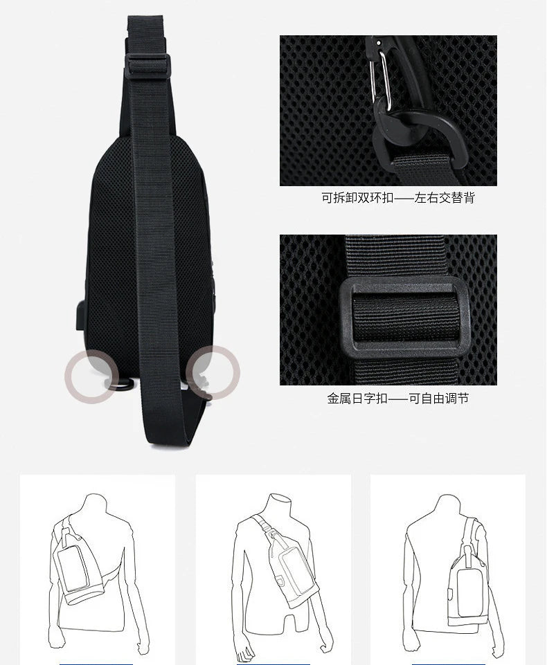 Men Bag Fashion New Solid Color Men Chest Bag Outdoor Casual Fashion One Shoulder Crossbody Bag Nylon USB Charging Shoulder Bags