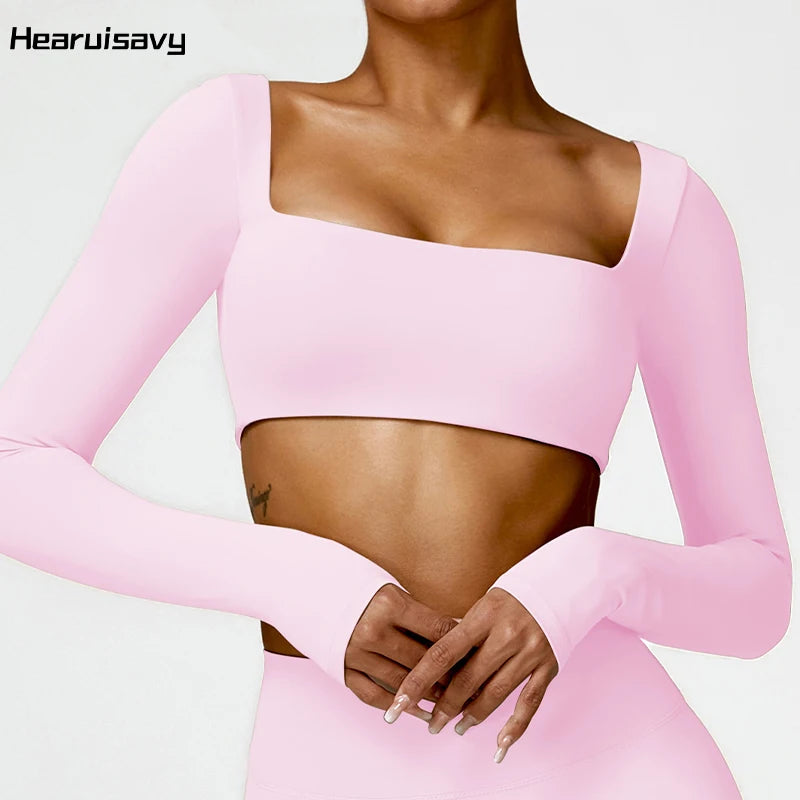 Hearuisavy Summer Casual Quick Dry Sportswear Women Square Neck Gym Top Women Fitness Sports Crop Top Long Sleeve Yoga Clothing Main image