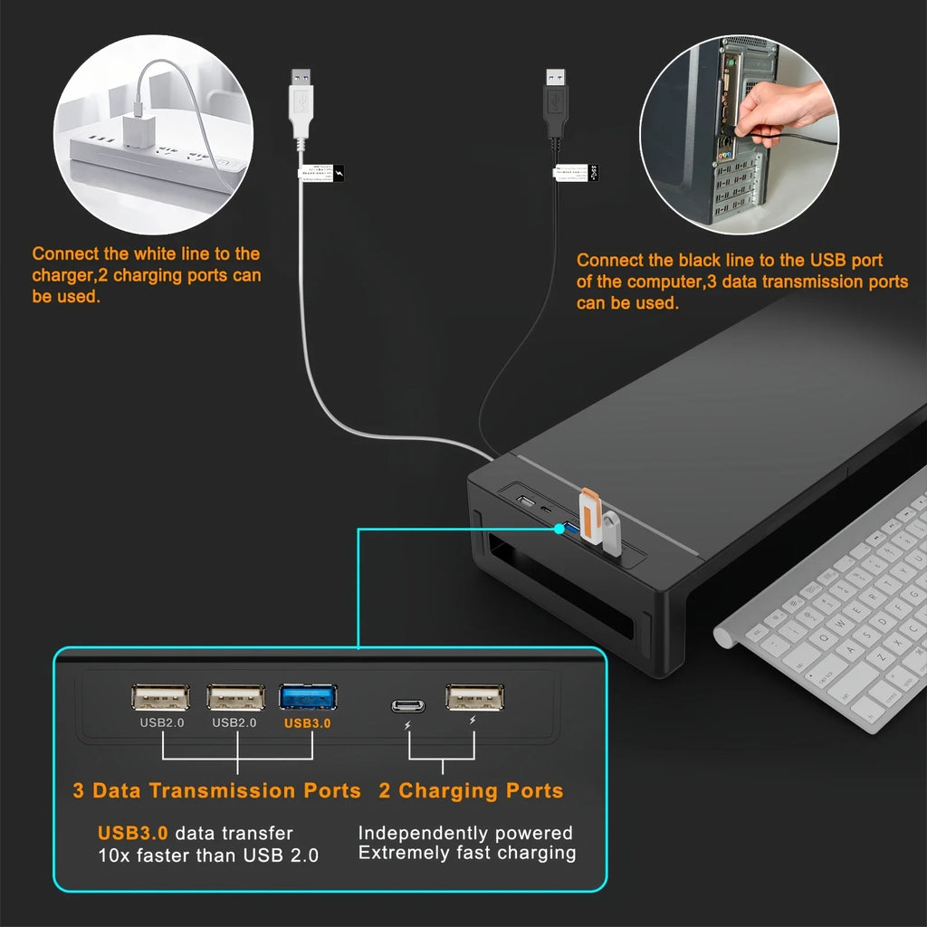 Monitor Stand Riser, With Foldable, Height Adjustable Computer Stand, Desk Shelf Riser with Storage Drawer &Tablet Phone