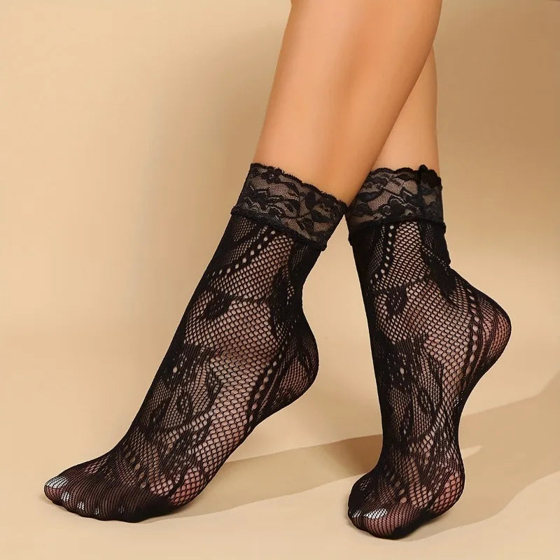 5 Pairs Floral Lace Socks Thin Breathable Short Socks Summer Mesh Lolita Fishing Net Women's Stockings Hosiery