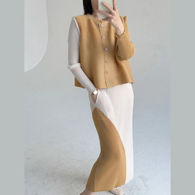 Khaki Beige Pleated Crew Neck Button Vest & Pleated Color Block Skirt Set Drapey Co-ord Set Minimalist Chic Trendy Daily 2026