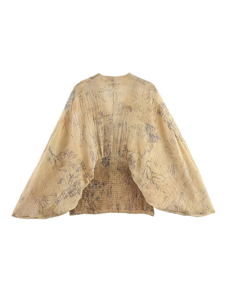 TFAFXY Women's Casual Blouse Printing V-Neck Bat Sleeve Folds Loose Blouse New Fashion Holiday Shirts Secondary image