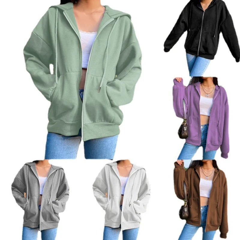 Autumn Fleece Hoodie Solid Color Hooded Korean Fashion Sweatshirts Long Sleeve Top Drawstring Pockets Loose Zipper Black Hoodies Main image