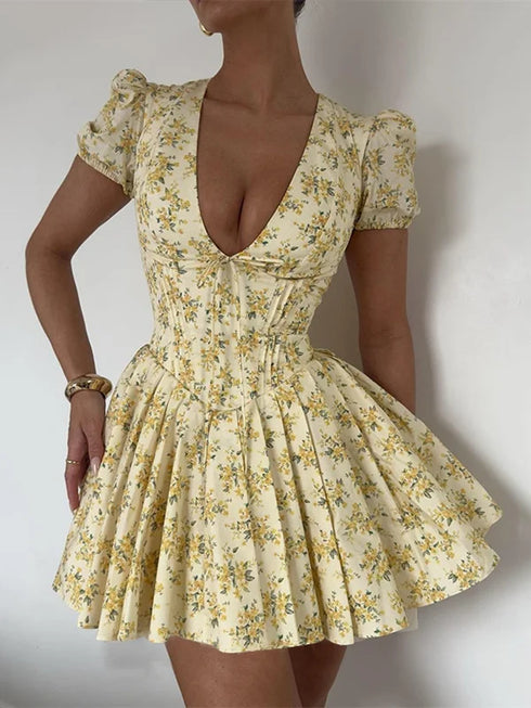 Vintage Floral Print Yellow Pleated Mini Dress Women Summer Puff Sleeve V Neck Party Beach Dresses Elegant Chic Y2K Vestidos