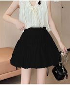 Sweet Bow Pleated Fluffy Skirts for Women Summer Korean Style Elastic Waist Lantern Skirt Woman Loose White A-Line Short Skirts