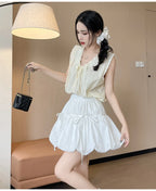 Sweet Bow Pleated Fluffy Skirts for Women Summer Korean Style Elastic Waist Lantern Skirt Woman Loose White A-Line Short Skirts