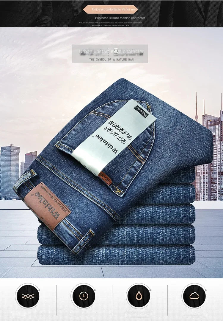 WTHINLEE Business Men's Jeans Casual Straight Stretch Fashion Classic Blue Work Denim Trousers Male Brand Clothing Size 28-40