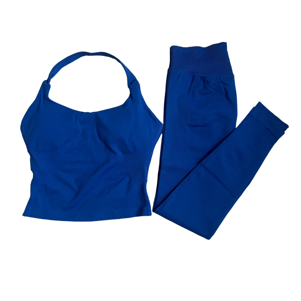 Halter Top Leggings 2-Piece Set Seamless Halterneck Backless Yoga Top+Scrunch Booty Leggings Fitness Gym 2pcs Set
