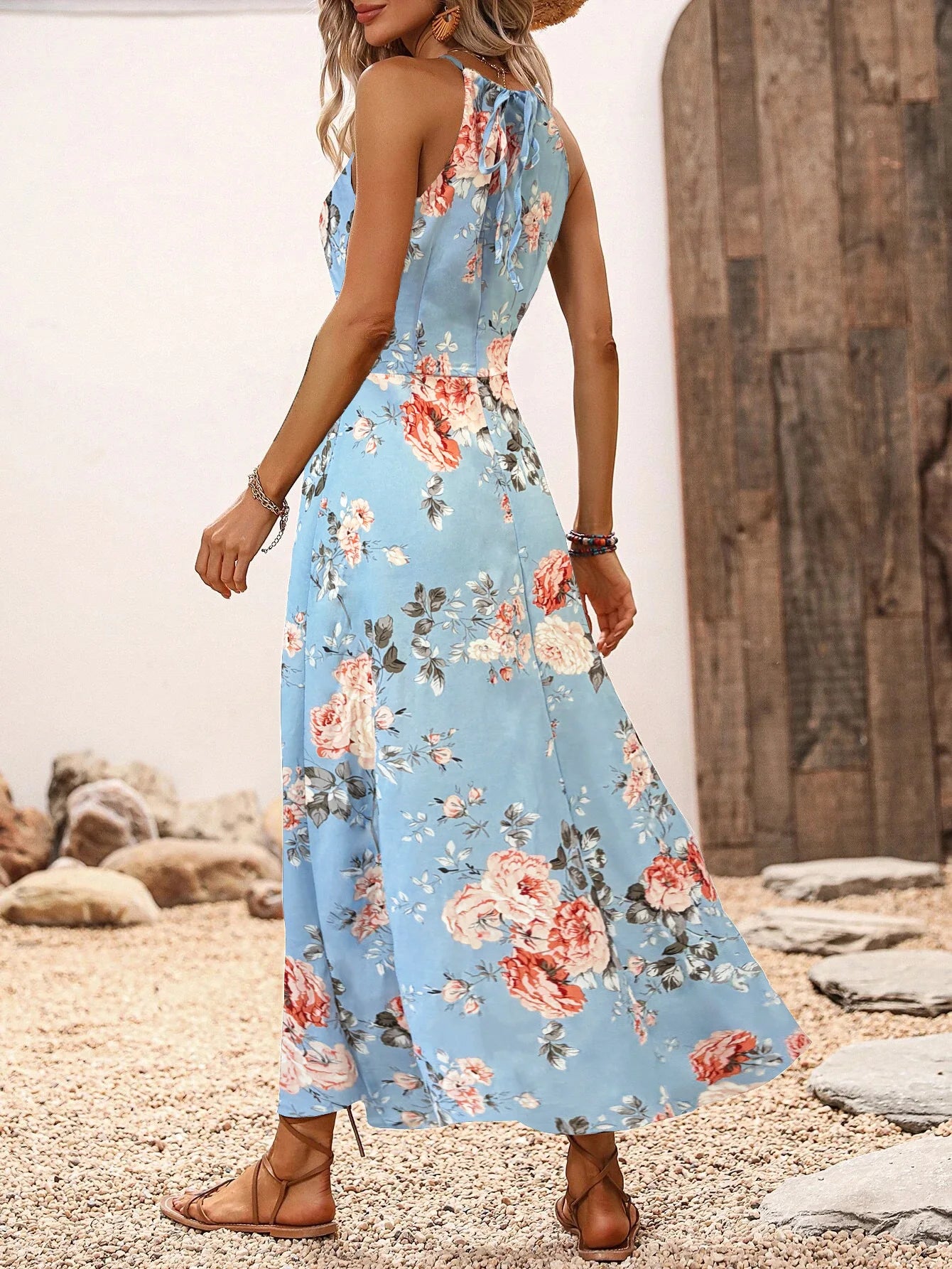 Women's Floral Print High Slit Thigh Halter Dress - Summer Sleeveless Sexy Bodycon Beach Party Clubwear