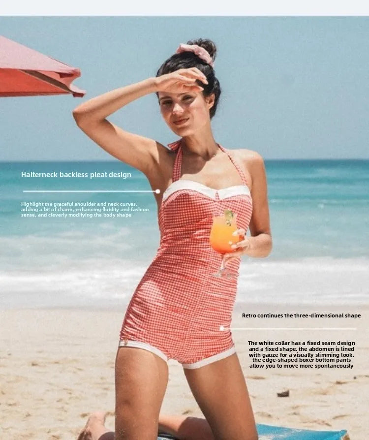 USPOP Vintage Gingham One-Piece Swimsuit for Women, Retro Halter Neck Bathing Suit, Comfortable Summer Beachwear