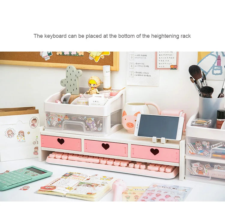 Pink White Student Storage Rack Heart Drawers Monitor Laptop Increase Shelf Office Screen Riser Holder Stationery Pen Storage