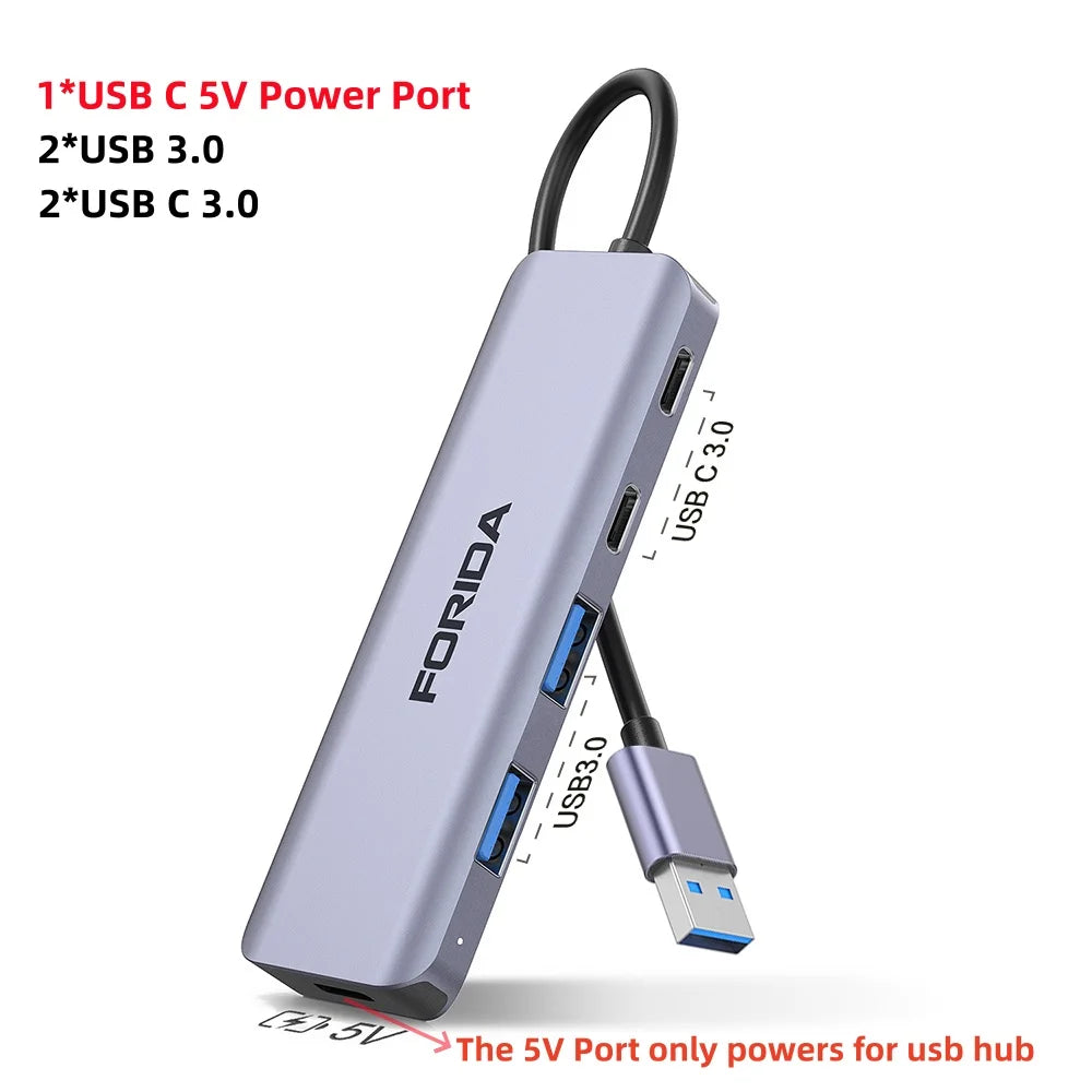 FORIDA USB Hub Type C 10Gbps USB C Splitter PD 100W Power Charging USB 3.2 Gen2 Adapter for Laptop MacBook Desktop Tablet