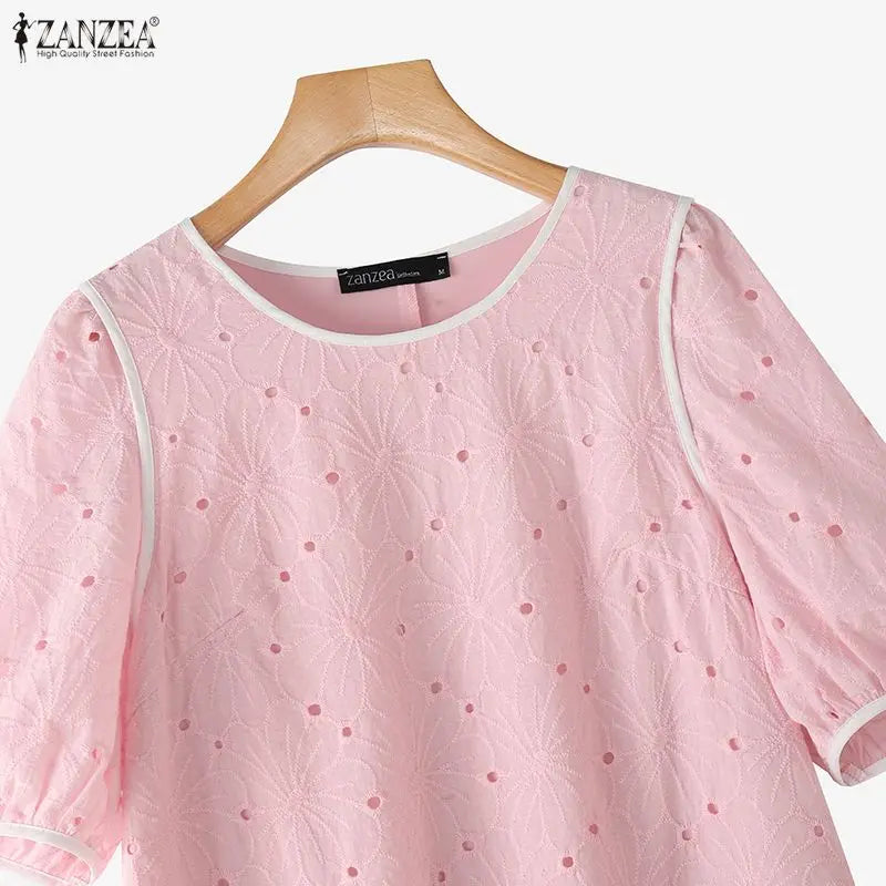ZANZEA Summer Women's Openwork Embroidered Dresses O-Neck Half Puff Sleeve Contrast-Trim Knee-Length Dress Casual A-Line Robes