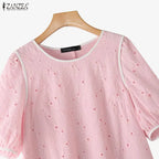 ZANZEA Summer Women's Openwork Embroidered Dresses O-Neck Half Puff Sleeve Contrast-Trim Knee-Length Dress Casual A-Line Robes