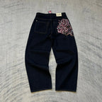 Vintage Low Waist Hip Hop Cherry Blossom Embroidered Jeans  Wide Leg Trousers Y2K Clothes Mens Womes Embroidered Baggy Jeans