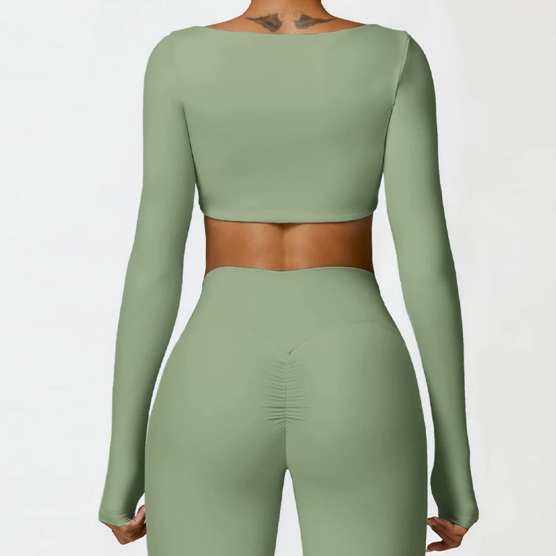 Hearuisavy Summer Casual Quick Dry Sportswear Women Square Neck Gym Top Women Fitness Sports Crop Top Long Sleeve Yoga Clothing Secondary image