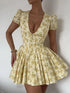 Vintage Floral Print Yellow Pleated Mini Dress Women Summer Puff Sleeve V Neck Party Beach Dresses Elegant Chic Y2K Vestidos