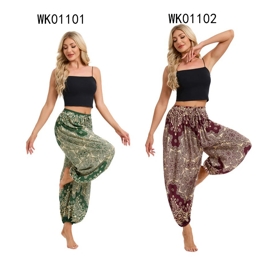 Women's Boho Wide Leg Harem Pants Adult High Waist Yoga Loose Lantern Pants Breathable Beach Trousers Vacation Printed Jagger