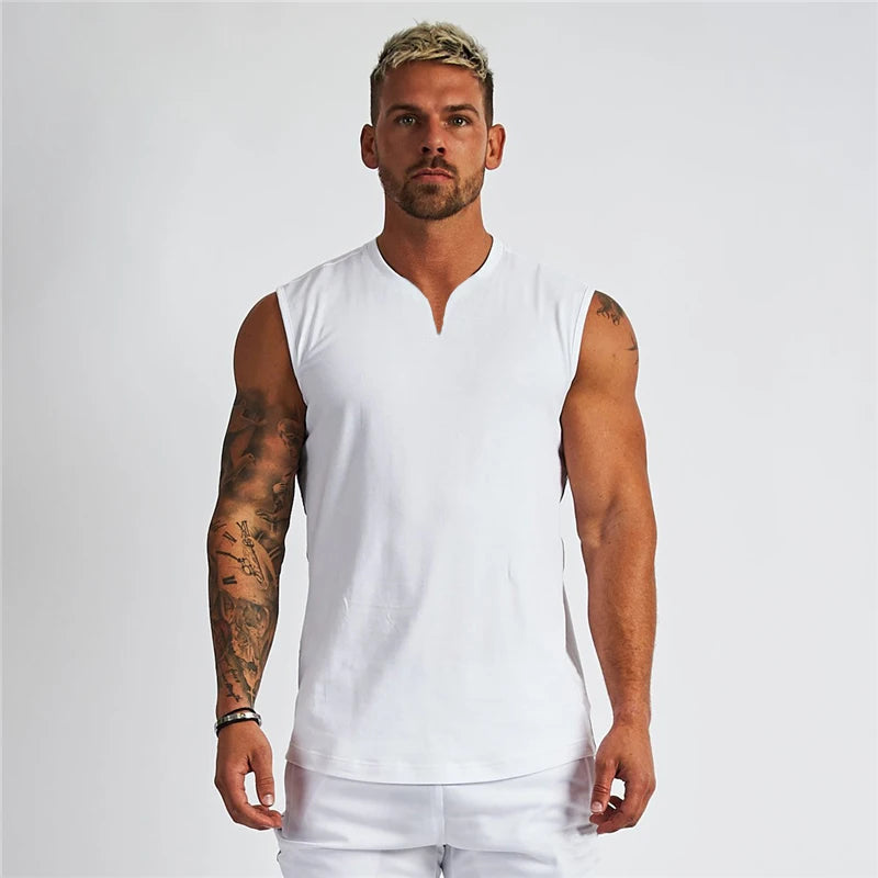 Summer Cotton Breathable V-neck Tank Tops Gym Workout Running Sport Sleeveless Shirt Mens Fitness Bodybuilding Muscle Clothing
