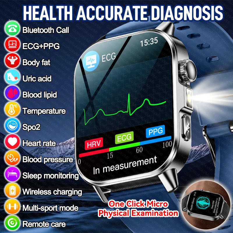 New Men Accurate Health Diagnosis ECG Smart Watch Blood Pressure Blood Oxygen Blood Fat Uric Acid Temp Bluetooth call Smartwatch Main image
