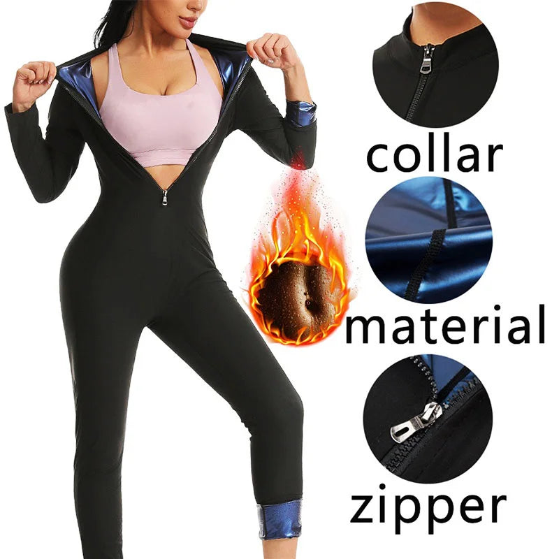 MrifDila Sauna Suit Jumpsuit Full Zip Up Sweatsuit Hot Sweating Jumpsuit Long Sleeve Romper Bottom Pants Sweating Bodysuit Shape