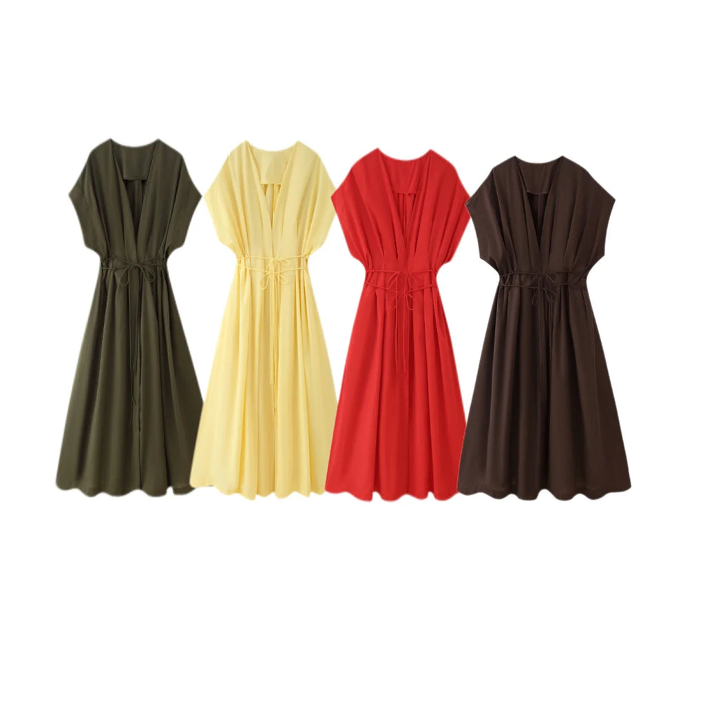 KONDALA 2026 Spring Summer Vintage Women Dress Fashion Single Breasted Sashes Draped V Neck Sleeveless Chic Brown Ladies Dresses