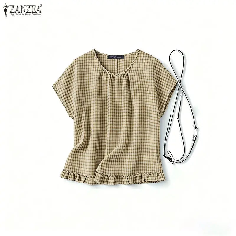 Women Summer Plaid Checked Blouse ZANZEA 2026 Fashion O Neck Short Sleeve Tops Casual Loose Holiday Shirt Elegant Work Blusas