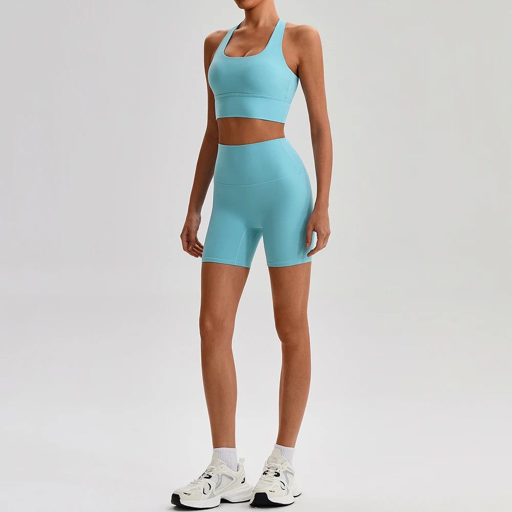 Buttery Soft Nylon Yoga Set Crisscross Back Sports Bra High Waist Biker Shorts 2 Piece Gym Set Workout Outfit Women Activewear