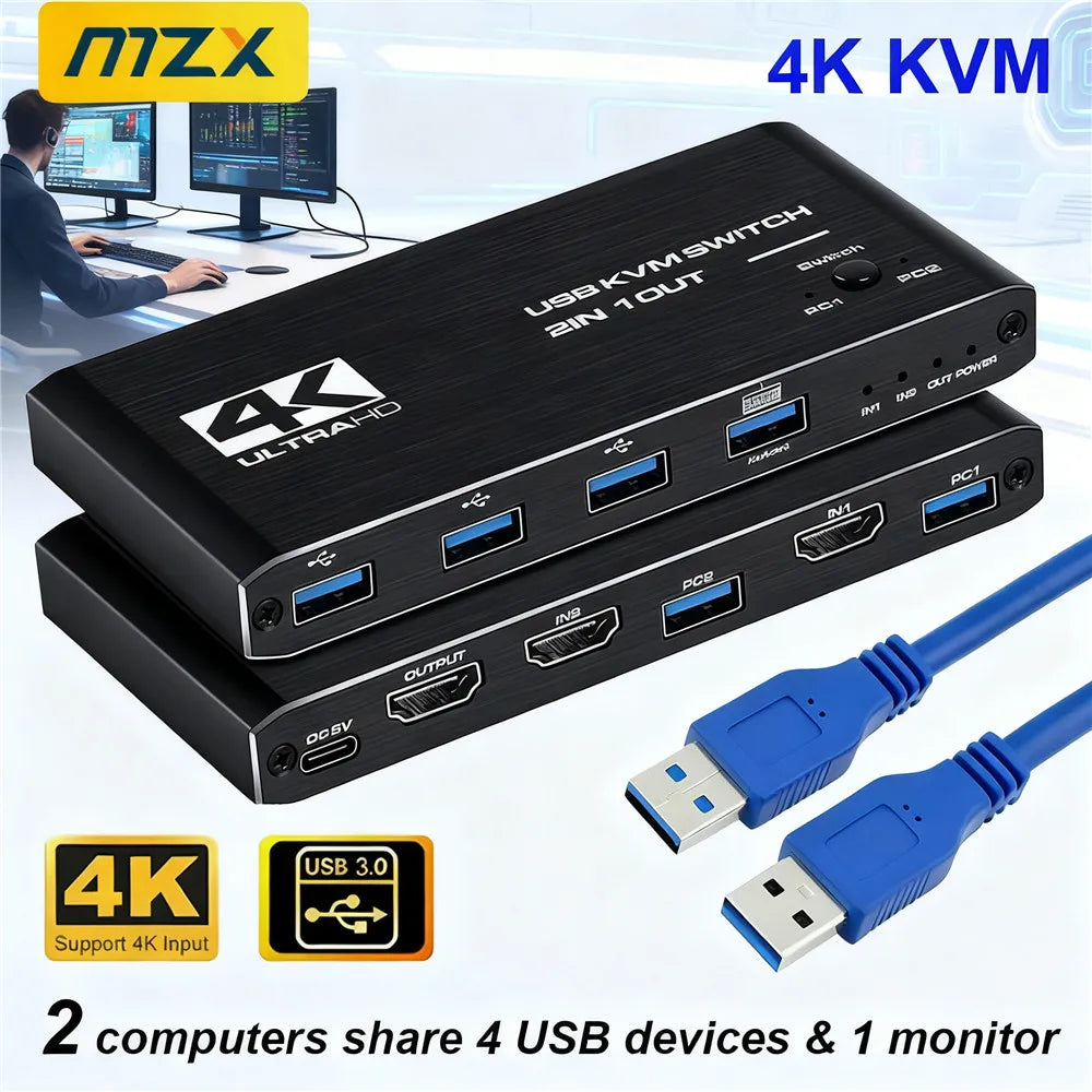KVM Switch 4K 60Hz Switcher USB 3.0 Hub Docking Station Splitter Dock 2 Computers Share Keyboard Mouse Printer PC Accessories