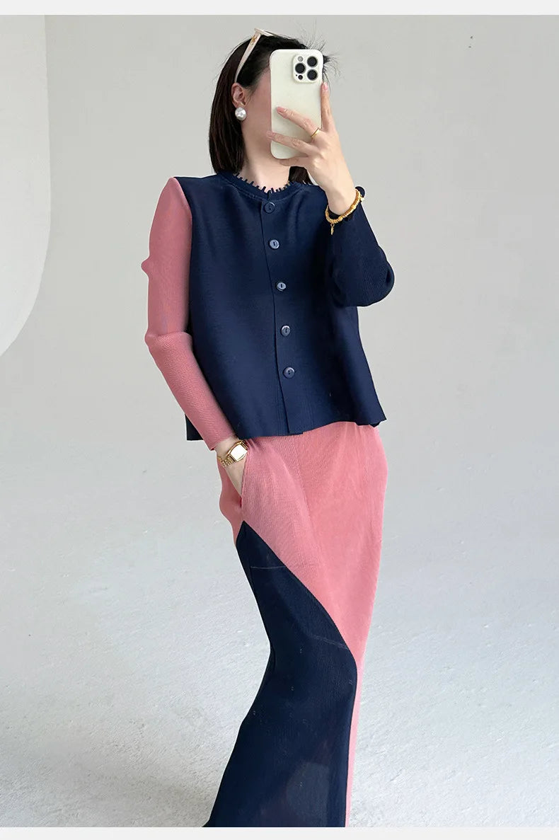 Khaki Beige Pleated Crew Neck Button Vest & Pleated Color Block Skirt Set Drapey Co-ord Set Minimalist Chic Trendy Daily 2026