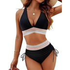 Sexy Deep V-Neck Bikini Swimsuit Set Women 2026 Summer Beach with Chest Cushion Swimwear High Waist Drawstring Triangle Bikini