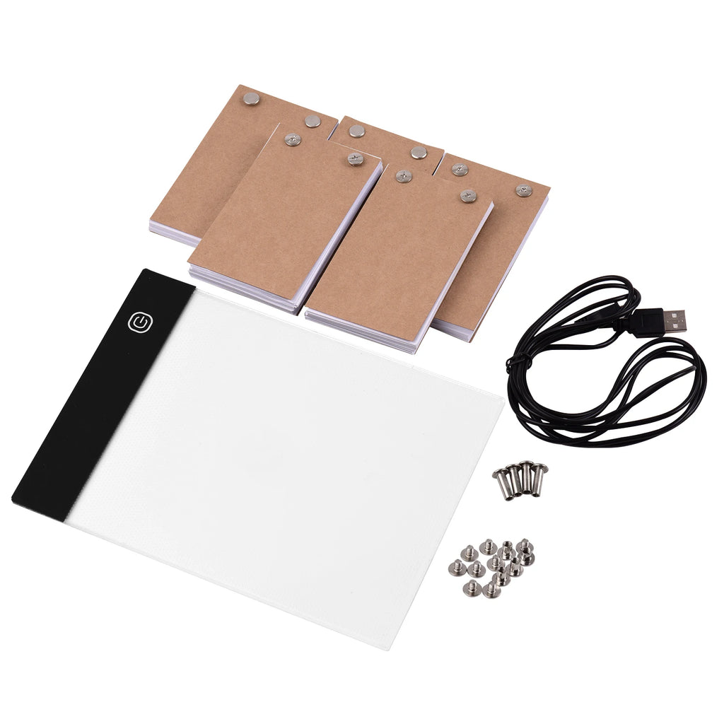 Portable Flip Book Kit with Light Pad Tablet LED Light Box 3 Level Brightness Control 300 Sheets Flipbook Paper w/ Binding Screw