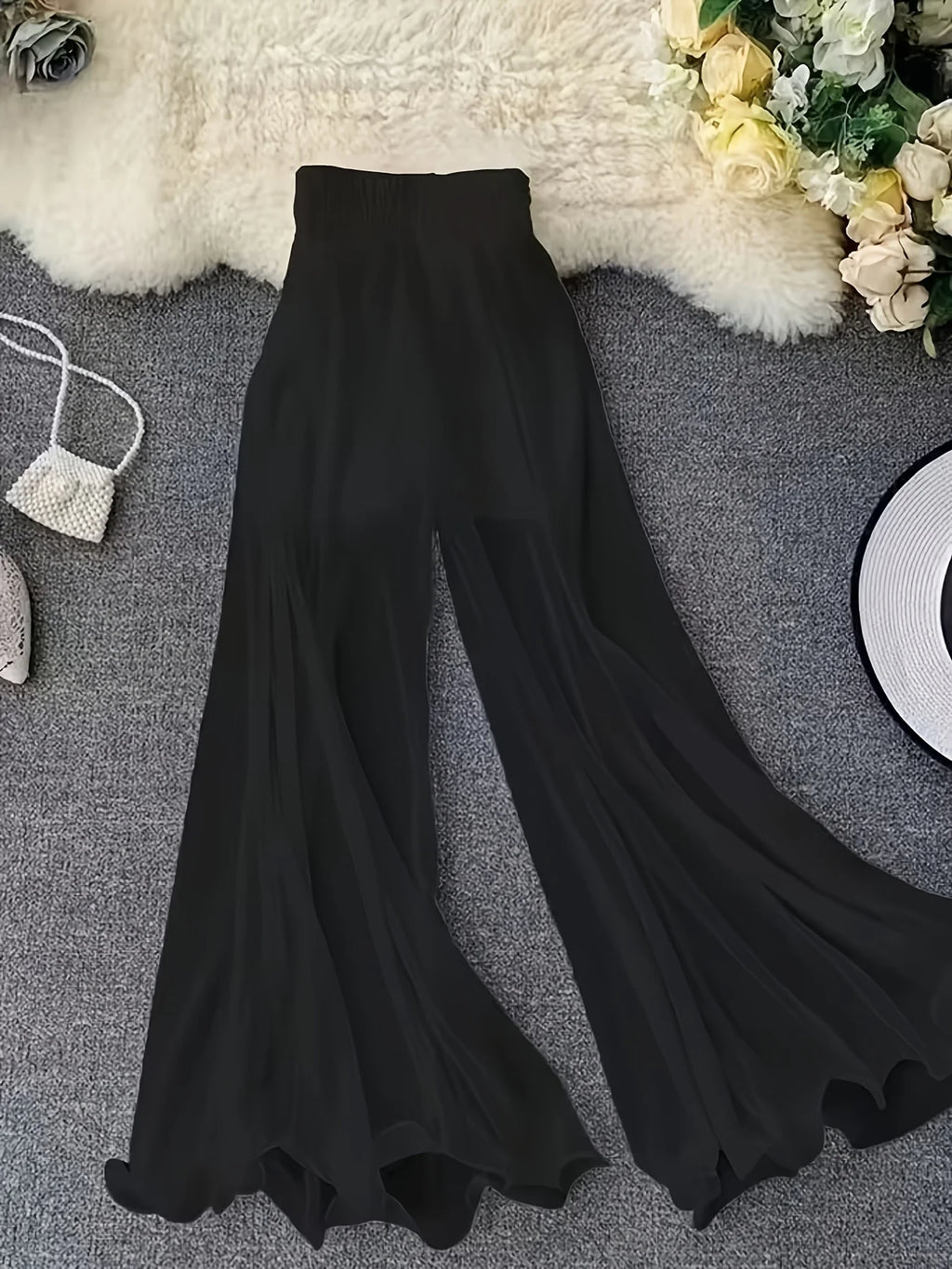Summer solid color chiffon wide leg pants for women, high waisted, elastic waistband, flowing and slimming, casual pants