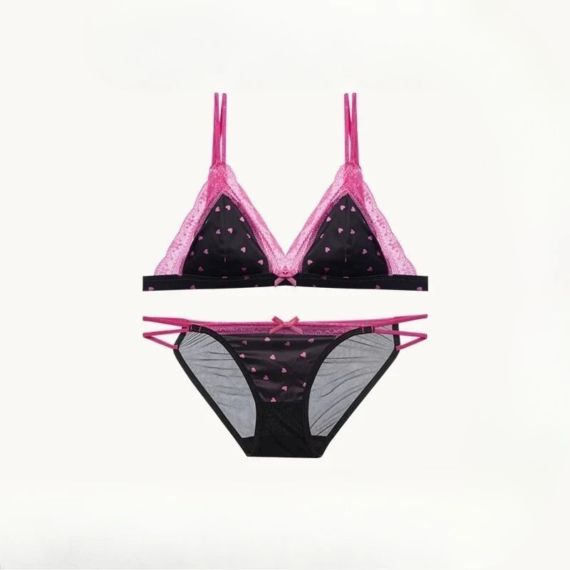 French Style Sweet Triangle Cup Lingerie Set Women Satin Lace Wireless Small Bust Gathered Thin Fabric Sexy Soft Underwear S-XL