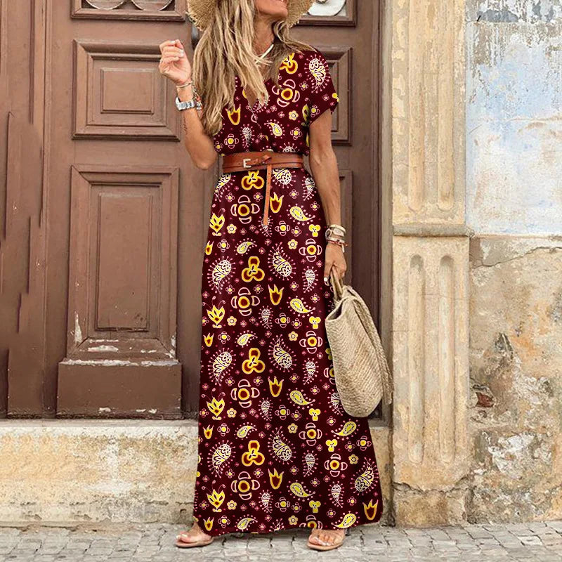 2024 Summer Bohemian Women's Long Dress V Neck Short Sleeve Floral Printed Beach Elegant Vintage Dress with Belt