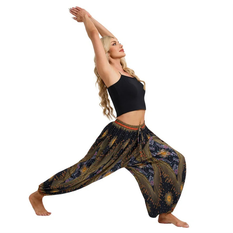 Women's Boho Wide Leg Harem Pants Adult High Waist Yoga Loose Lantern Pants Breathable Beach Trousers Vacation Printed Jagger